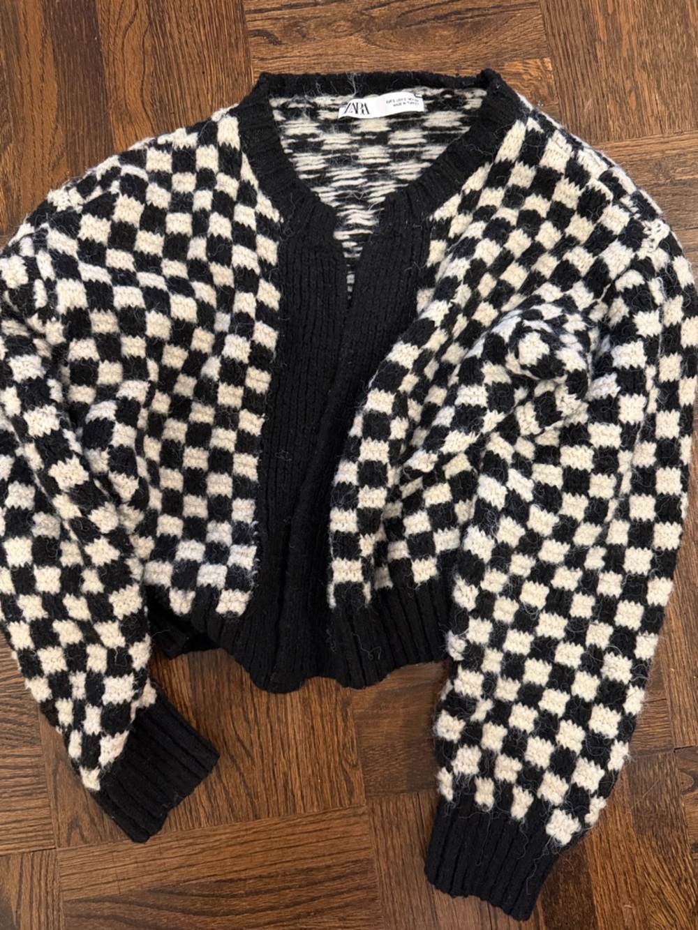 ZARA Black and White Checkerboard Knit Cardigan